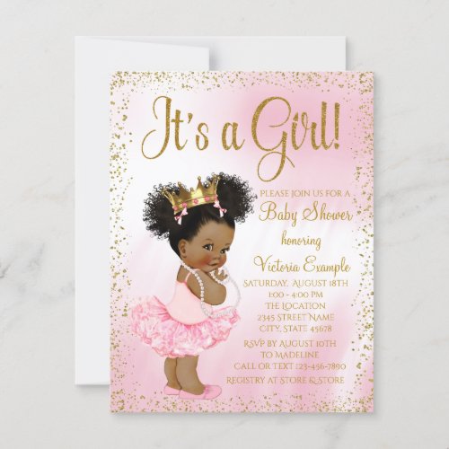 Pink Gold African American Princess Baby Shower Invitation