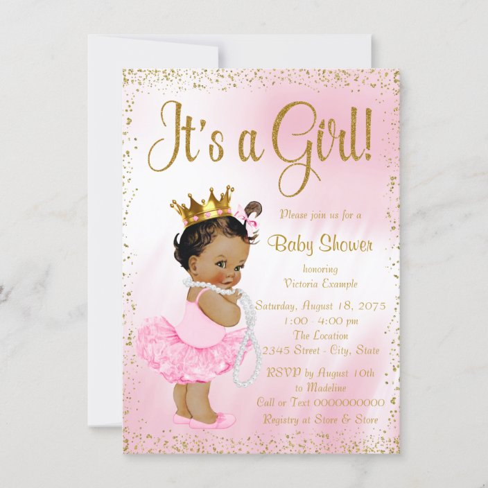 Red White and Gold African American Afro Puffs with Gold Tiara Invites Princess Royal Baby Shower Printable Invitation 7x5