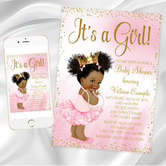 Pink Gold African American Princess Baby Shower Invitation