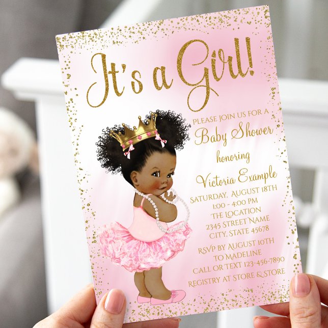 Pink Gold African American Princess Baby Shower Invitation