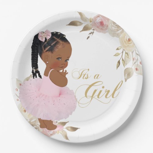 Pink Gold African Girl Baby Shower Paper Plate