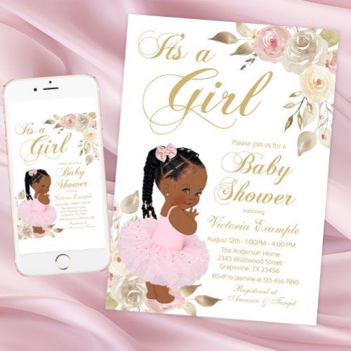 Pink Gold African Princess Tutu Baby Shower Invitation