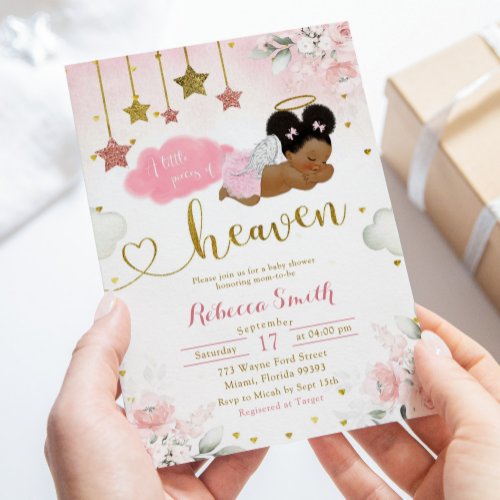 Pink Gold Afro African Baby Angel Baby Shower Invitation