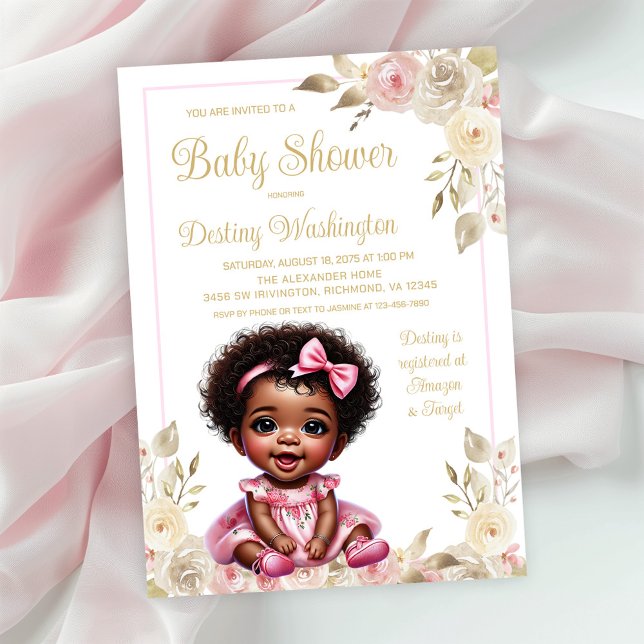 Pink Gold Afro Girl Baby Shower  Invitation (Simply add your event details to this adorable baby shower invitation.)