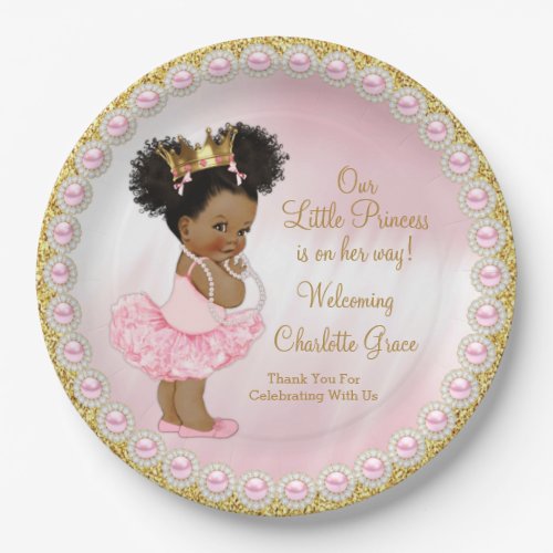 Pink Gold Afro Princess Baby Shower Paper Plates