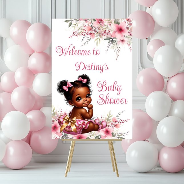Pink Gold Afro Puff Ruffle Pant Girl Baby Shower Foam Board (Afro puff baby girl welcome sign. Add your details to personalize.)