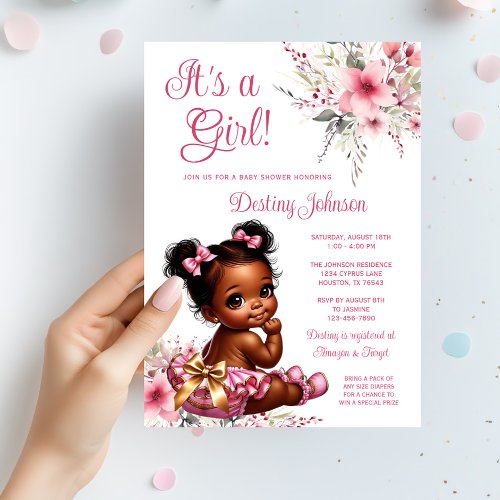 Pink Gold Afro Puff Ruffle Pant Girl Baby Shower Invitation