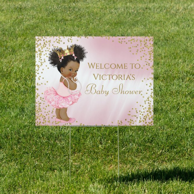 Pink Gold Afro Tutu Princess Baby Shower Yard Sign (Insitu)