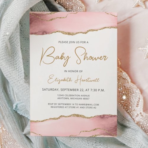 Pink Gold Agate Baby Shower Invitation