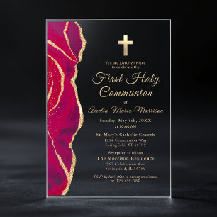 Pink Gold Agate First Holy Communion Girl Acrylic Invitations
