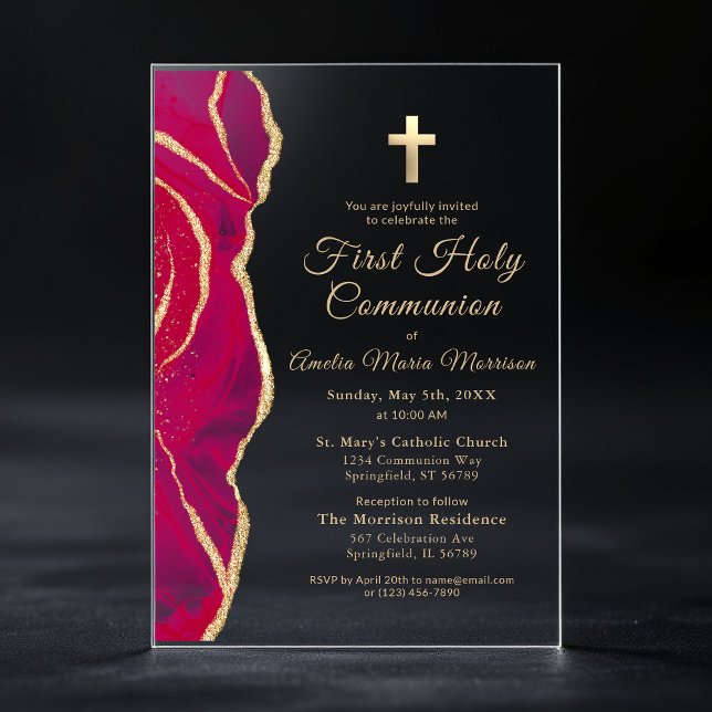 Pink Gold Agate First Holy Communion Girl Acrylic Invitations (Creator Uploaded)