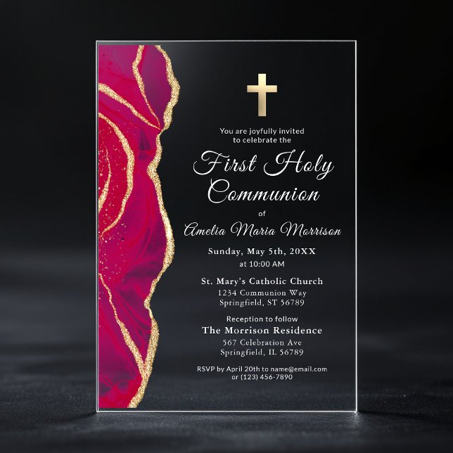 Pink Gold Agate First Holy Communion Girl Acrylic Invitations (Creator Uploaded)