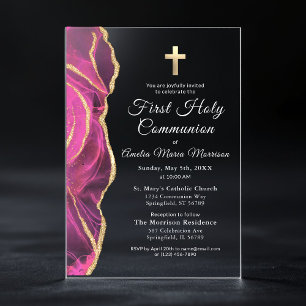 Pink Gold Agate First Holy Communion Girl Acrylic Invitations