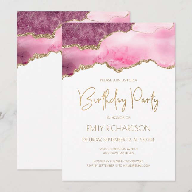 Pink Gold Agate Geode Any Year Birthday Invitation (Front/Back)