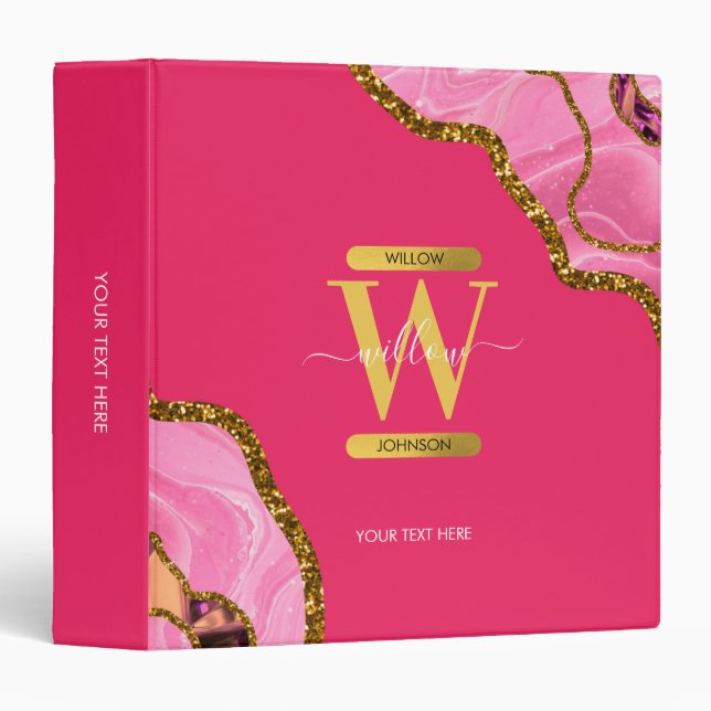 Pink & Gold Agate Geode Glitter Monogram 3 Ring Binder (Front/Spine)