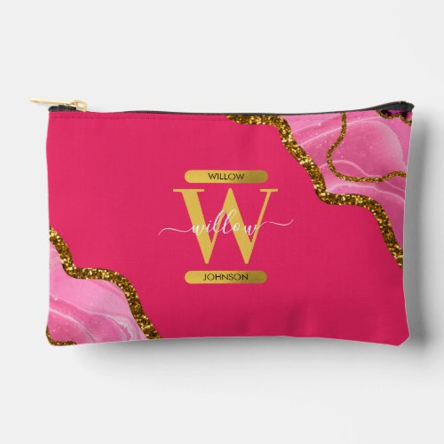 Pink  Gold Agate Geode Glitter Monogram Accessory Pouch