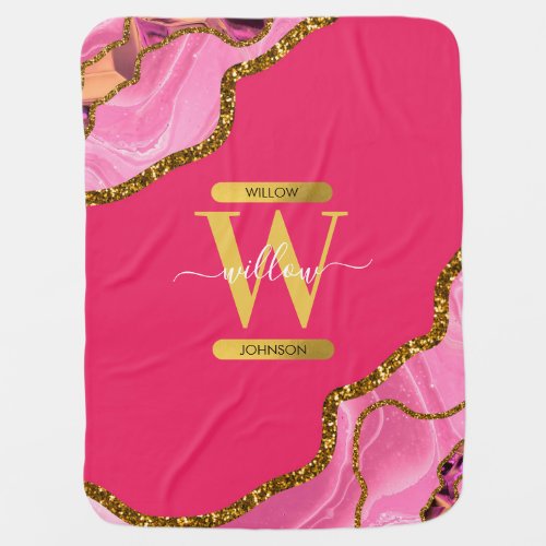 Pink  Gold Agate Geode Glitter Monogram  Baby Blanket