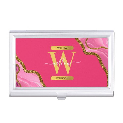 Pink  Gold Agate Geode Glitter Monogram Business Card Case