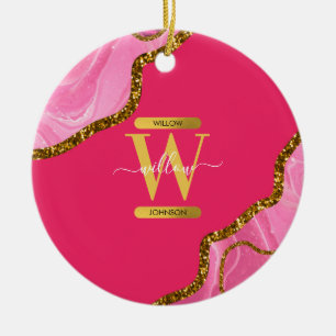 Pink & Gold Agate Geode Glitter Monogram Ceramic Ornament