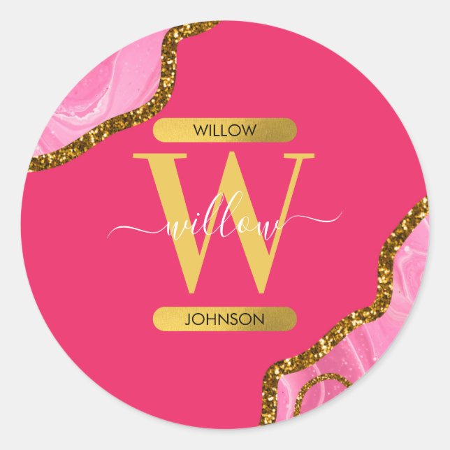 Pink & Gold Agate Geode Glitter Monogram Classic Round Sticker (Front)