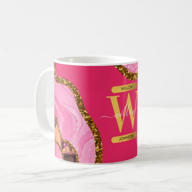 Pink & Gold Agate Geode Glitter Monogram Coffee Mug (Front Left)