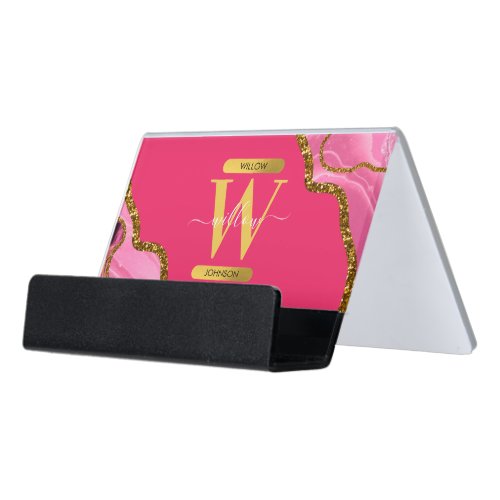 Pink  Gold Agate Geode Glitter Monogram Desk Business Card Holder