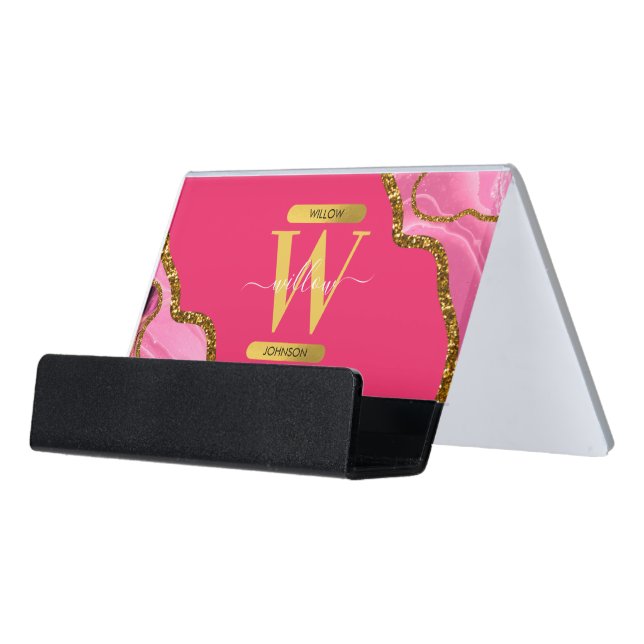 Pink & Gold Agate Geode Glitter Monogram Desk Business Card Holder (Angled Front)