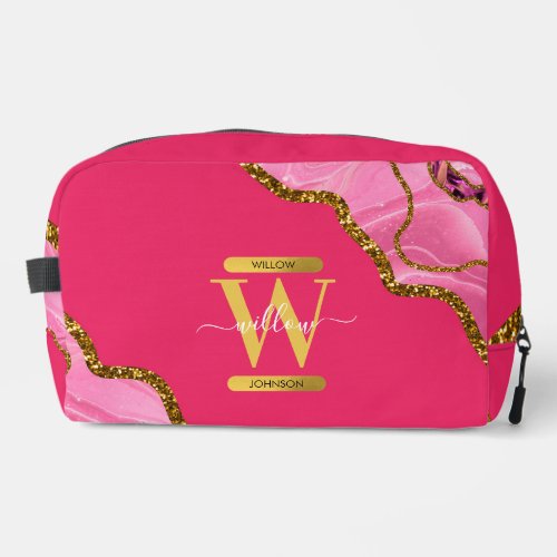 Pink  Gold Agate Geode Glitter Monogram Dopp Kit