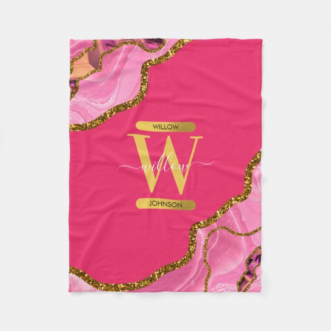 Pink & Gold Agate Geode Glitter Monogram Fleece Blanket (Front)