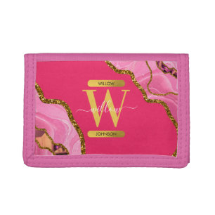 Pink & Gold Agate Geode Glitter Monogram Girls Tri-fold Wallet