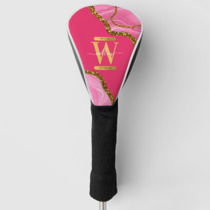 Pink & Gold Agate Geode Glitter Monogram Golf Head Cover