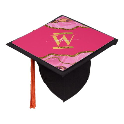 Pink  Gold Agate Geode Glitter Monogram Graduation Cap Topper