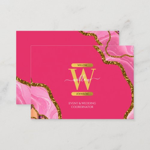 Pink  Gold Agate Geode Glitter Monogram Marble  Business Card