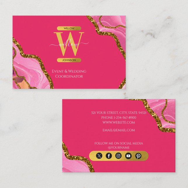 Pink & Gold Agate Geode Glitter Monogram Marble Business Card (Front/Back)