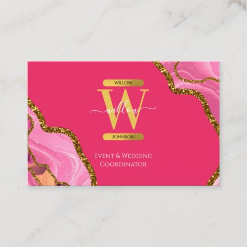 Pink  Gold Agate Geode Glitter Monogram Marble Business Card