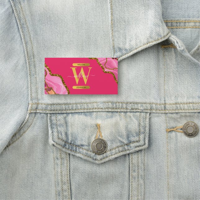 Pink & Gold Agate Geode Glitter Monogram   Name Tag (In Situ)