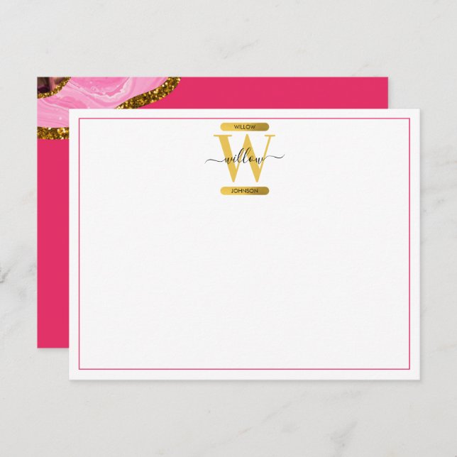 Pink & Gold Agate Geode Glitter Monogram Note Card (Front/Back)