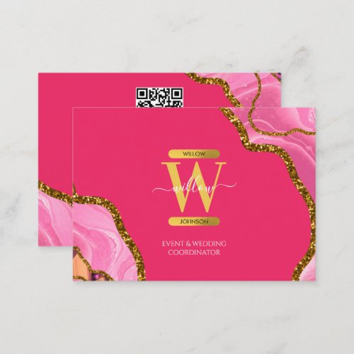 Pink Gold Agate Geode Glitter Monogram QR Code Business Card