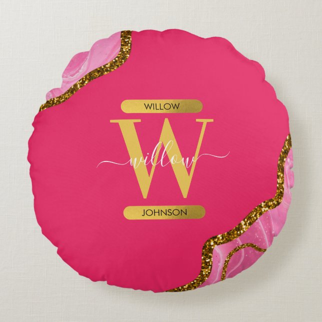 Pink & Gold Agate Geode Glitter Monogram Round Pillow (Front)