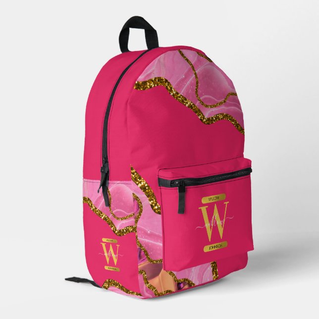 Pink & Gold Agate Geode Glitter Monogram School Printed Backpack (Back Corner Left)