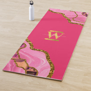 Pink & Gold Agate Geode Glitter Monogram Yoga Mat