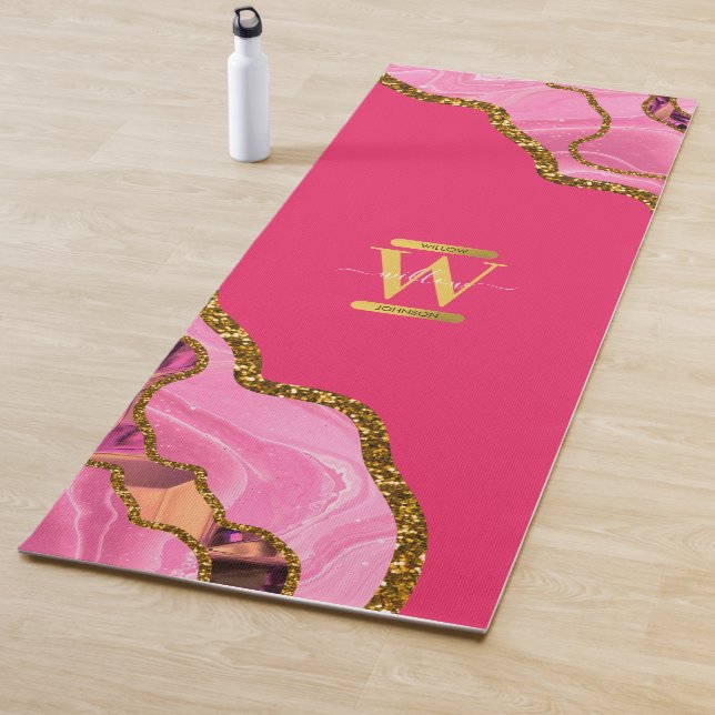 Pink & Gold Agate Geode Glitter Monogram  Yoga Mat (In Situ)