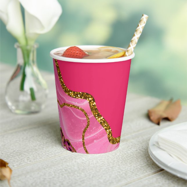 Pink & Gold Agate Geode Glitter Paper Cups (Insitu)