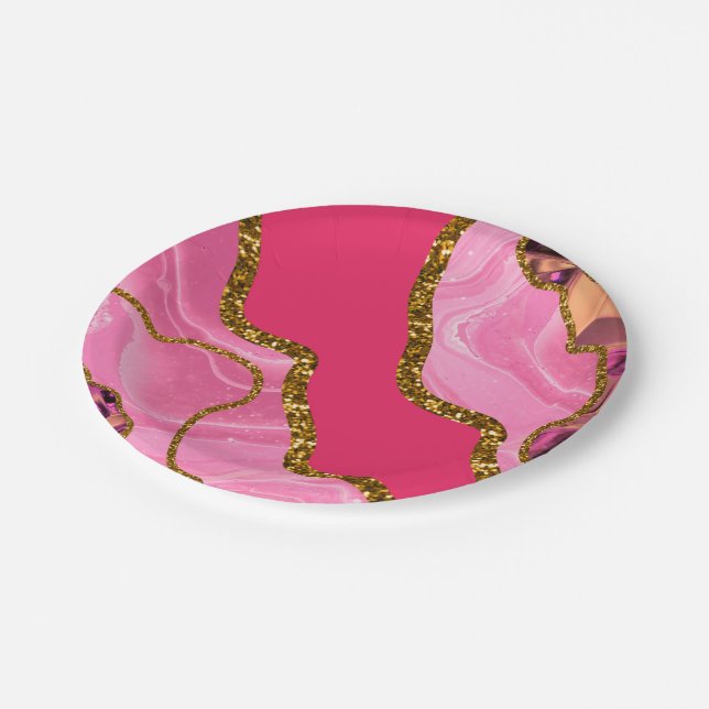 Pink & Gold Agate Geode Glitter Paper Plates (Angled)