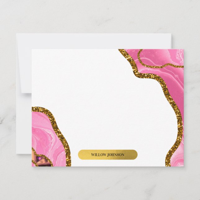 Pink & Gold Agate Geode Glitter Stationery Note Card (Front)