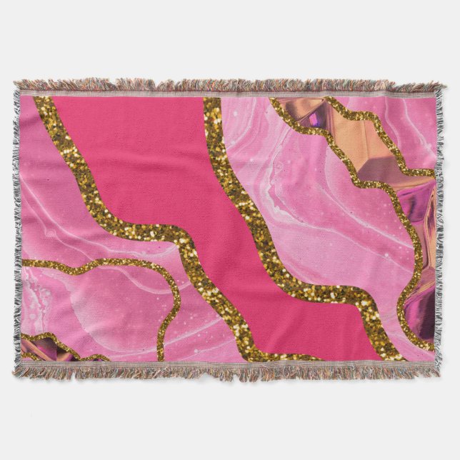 Pink & Gold Agate Geode Glitter Throw Blanket (Front)