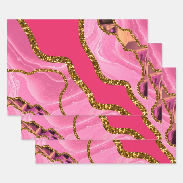 Pink & Gold Agate Geode Glitter Wrapping Paper Sheets (Set)