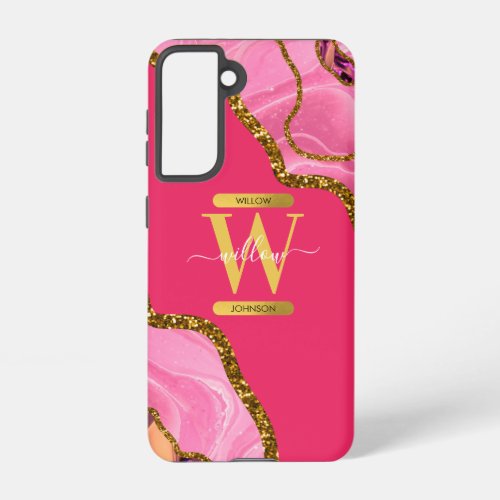 Pink  Gold Agate Geode Monogram   Samsung Galaxy S21 Case