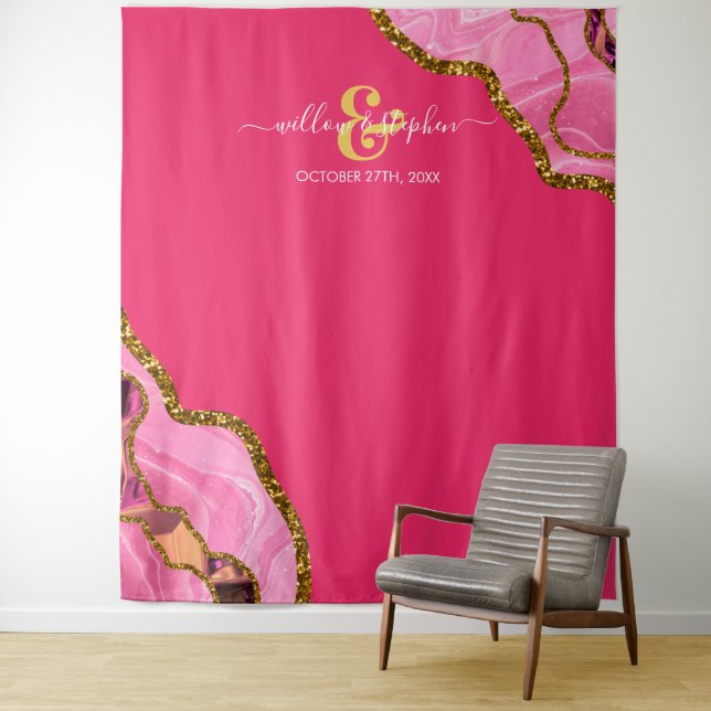 Pink & Gold Agate Geode Wedding Tapestry (In Situ)
