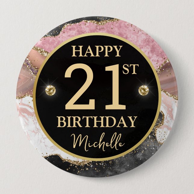 Pink Gold Agate Glitter Birthday Badge Button (Front)